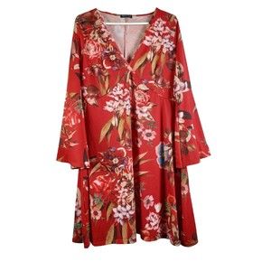 Pink Clove Women's Sz 14 Maroon Floral Flare Sleeve Short Dress V Neck